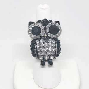 Owl Adjustable Ring Black & Clear Crystal
